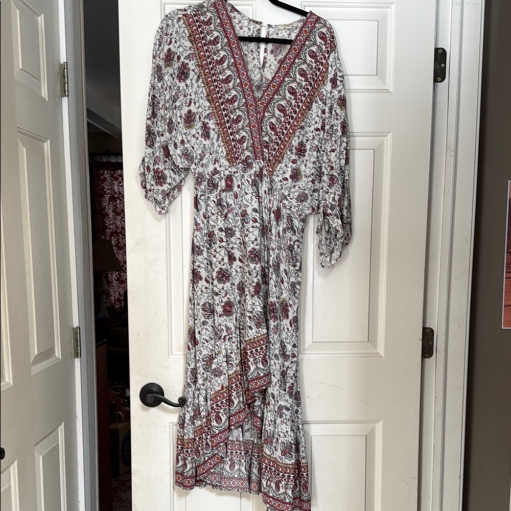 Umgee White and Brown Sundress with V-Neck and 3/4 Sleeves